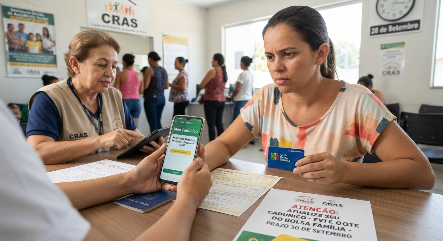 Família consultando o aplicativo Caixa Tem para atualizar CadÚnico e manter Bolsa Família ativa